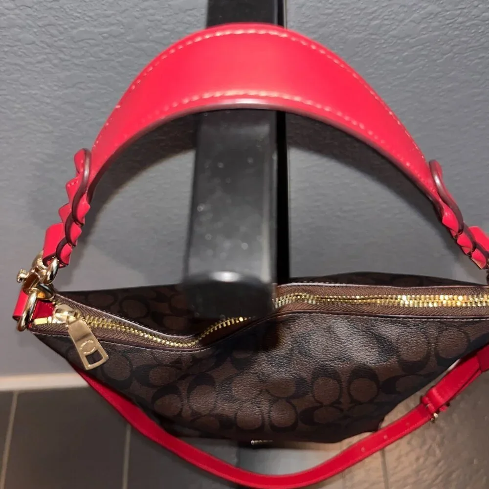 COACH ABBY DUFFLE SHOULDER & CROSSBODY STRAP BROWN SIGNATURE & RED NWOT 12